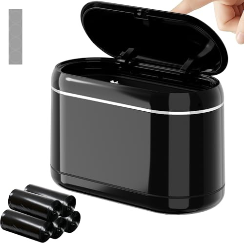 PAVSTINE Tischmülleimer mit Deckel, Tischabfalleimer Zweikammer-Design, Mini Mülleimers Enthält 5 Rollen Müllbeutel und 4 Anti-Rutsch-Matten, Tisch Mülleimer für Schreibtisch, Badezimmer, Schwarz