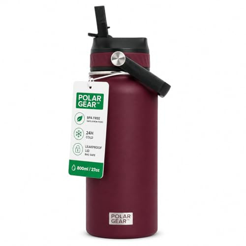 Polar Gear Insulated Water Bottle with Flip Straw - 800ml Wine | Durable stainless steel bottle, long-lasting temperature retention, leak-proof, perfect for gym, outdoors, everyday use