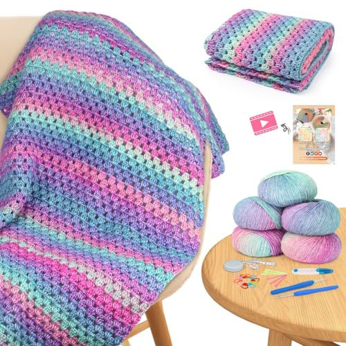 Aeelike Crochet Kit, Complete Crochet Kits for Beginners Adults with Soft & Colourful Gradient Yarn Detailed Video Tutorials Accessories, Easy Starter Crochet Blanket Kit for Beginners - Aurora Purple