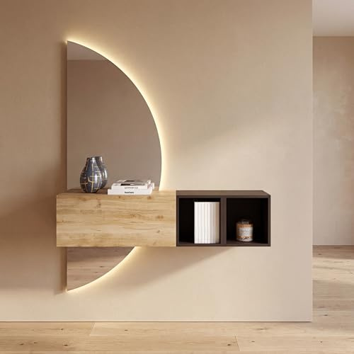 Mobile Ingresso Sospeso Moderno 124x155x30 cm Made in Italy - Salvaspazio con Ante Ribalta Montaggio Appeso, Specchio Mezzaluna Retroilluminato LED - Mobiletto per Corridoio (Cadiz e Lava)