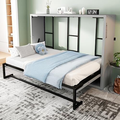 Yrxin Schrankbett 140x200cm aus Metallrahmen und Holzplatte, Klappbares Einzelbett platzsparendes Wandbett mit Lattenrost Wandklappbett Murphy Bed Bettschrank Klappbett mit Schrank, Ohne Matratze