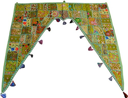 Sophia Art Weihnachtsdekoration indischer Ethno-Fenster-Volant, Heimdekoration, Bandhanwar Toran, Vintage-Stil, bestickt, Patchwork-Tür-Querbehang, baumwolle, grün, 46 X 42 Gate Valance
