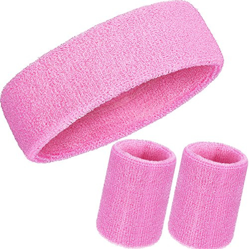 WILLBOND Juego de 3 Bandas para el Sudor, Incluye Diadema Deportiva y muñequeras de algodón a Rayas para Hombres y Mujeres atléticos (Rosa)