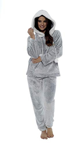 Daisy Dreamer Women's Shimmer Fleece Pyjamas, Fluffy Soft Hooded Twosie Pyjama Set, Size 8-22, LN769, Large (16-18) Grey