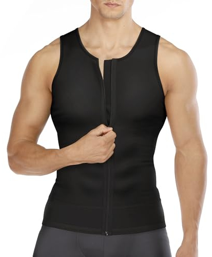 Wonderience Compression Shirts for Men Undershirts Slimming Body Shaper Tank Top Vest with Zipper (Black, Large)