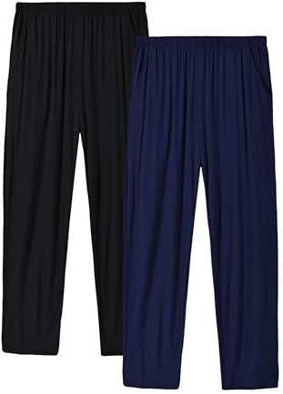JINSHI 2 Pack Men's Pajama Pants Long Modal Pj Pants Elastic Waist Pajama Bottoms Lightweight Sleep Pant with Pockets (2XL,Black/Navy Blue)