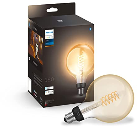 Philips Hue White, Lampadina LED Smart a Filamento, Bluetooth, Dimmerabile, Controllo Vocale, G125, E27, Luce Bianca Calda