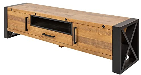 Riess Ambiente TV-Lowboard Thor - 200cm - Natur - Pinienholz Kabel-Öffnung | Handgefertigtes Unikat, massiv, montiert geliefert, Schubladen, Maserung, recyceltes Material