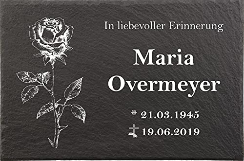 Urnengrabstein mit Rose, Grabsteine, Grabplatten mit personalisierter Gravur, 20cm x 30cm 100% witterungsbeständig - Naturschieferstein