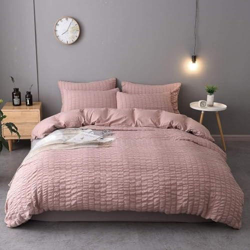 SeventhStitch Seersucker Duvet Cover with Pillow Cases White Waffle Bedding Set 100% Cotton 200 Thread Count Quilt Covers Double King Super King Bed Size (Pink, King)