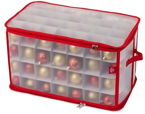 Christmas Village Christmas Tree Bauble and Decoration Storage Cube Bag Holder with Dividers for 112 Xmas Ornaments – Large Folding Holder with Separators, Zipped Lid and Handles (Red)