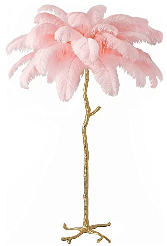 YHYYU Echte Straußenfeder Stehlampe, 170cm LED Dimmbar Eck Federlampe | Moderne Stehleuchte, nachttischlampe Leseleuchte aus Kunstharz, Ostrich Feder lamp für Wohnzimmer und Schlaf (170cm, Rosa)