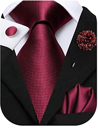 Hi-Tie Ensemble de cravate en soie, carré de poche, boutons de manchette et épingle de revers jacquard pour mariage et affaire pour homme, Bordeaux B, M