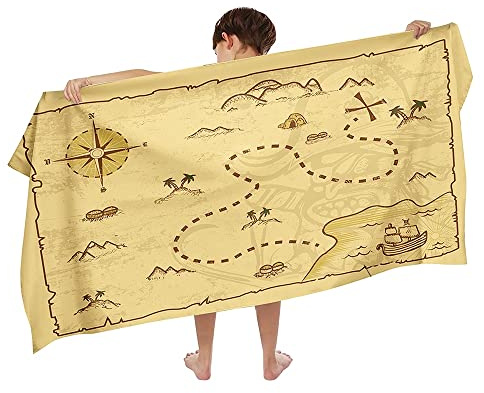 Ulticool mikrofiber barnhandduk 140 x 70 cm – skattkort pirat dinosaurie – lätt resehandduk snabbtorkande badhandduk strandhandduk mikrofiber – resa strand barn pojke