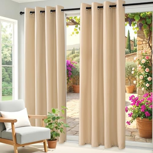 Clothink 2er Set Outdoor Vorhänge Wasserfest Sonnenschutz Winddicht Rostfrei Schnelltrocknend mit Ösen für Terrasse Garten Balkon Familienhaushalte einfache Montage farbecht haltbar(132x215cm, Beige)
