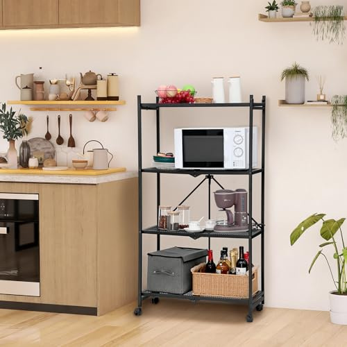H JINHUI 4 Etagen Klappbares Regal mit Rollen, Faltbare Aufbewahrungswagen Einheit, Regal Lagerregal, 73 x 32 x 137cm Metallregal Schwarz, Küchenregal Standregal Lagerregal Küche Keller