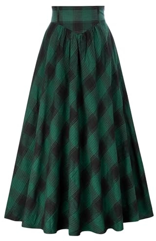 Victorian Skirts for Women Plaid Maxi Elastic High Waist Renaissance Skirt Green XL