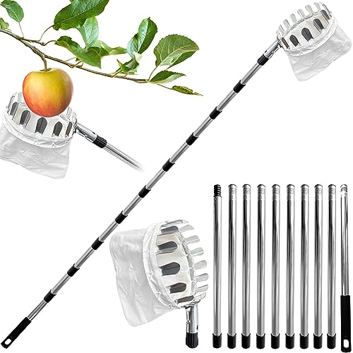 4,2M Obstpflücker mit Teleskopstiel, Apfelpflücker, Kirschenpflücker mit Leichter Edelstahl Teleskoppfahl und Baumwollbeutel, Obstgreifer Einfach zu Montieren, Kirschpflücker, Pflaumenpflücker