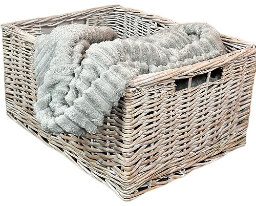 White Wash Storage Basket 47cm Woven Willow Rectangle Home Storage Hamper Extra Large