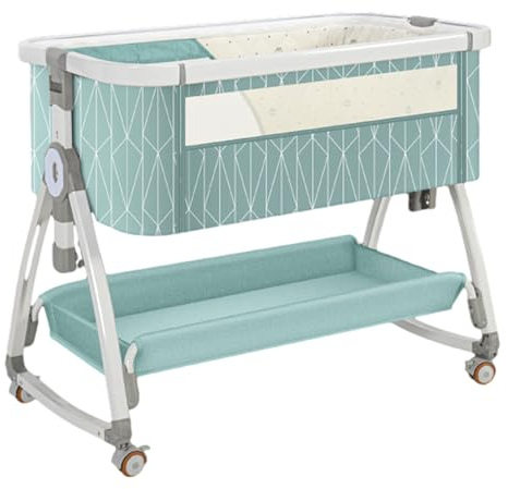 HUHJYUGE Kinderbett mit Matratze, Beistellbett Baby mit Rollen und Wiege, 3 in1 Baby Beistellbett mit Wickelauflage Moskitonetz Laufstall, 6-Fach Höhenverstellung (C)