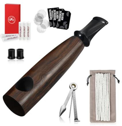 Joyoldelf Premium Tabak Pfeifen Set - Handgefertigte Ebenholz Tabakpfeife mit 9mm Aktivkohlefilter, 3-in-1 Rohrschaber, Pfeifenreiniger, Metallgitter, Pfeifentasche, Rohrbohrer und Geschenkbox