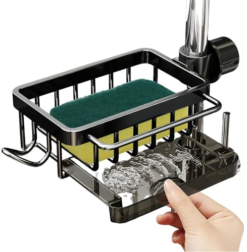 HENGBIRD Organizer für die Küchenspüle, Edelstahl Seife Spülbecken Organizer Schwammhalter Handtuchhalter Spüle Organizer mit Haken für Küche und Badezimmer Schwarz