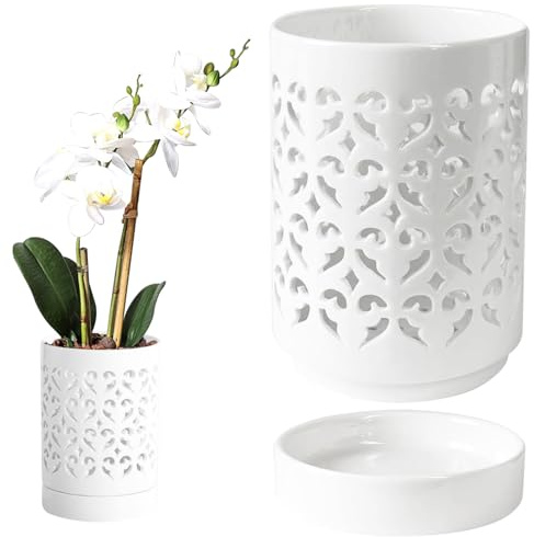 Macetas de orquídeas con agujeros, macetas de orquídeas con agujeros de orquídea de 4 pulgadas, macetas transpirables para la maceta de cerámica de cerámica con platillo para orquídeas promueve el