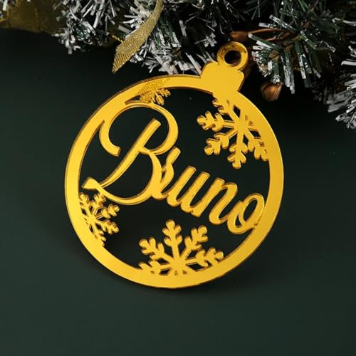 Individuelle Weihnachtsbaumkugeln, Weihnachtsbaumdekoration, personalisierbar, lasergeschnittene Namen, Weihnachtsgeschenkanhänger für Gastgeschenke, Namensdekoration (Gold, 6 Stück)