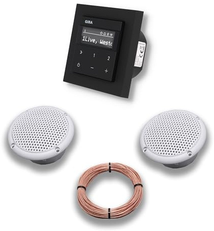 Gira Unterputz IP Internetradio 232003 + Bluetooth Komplett-SET, E2 schwarz matt + 2 x Deckenlautsprecher Einbaulautsprecher (Feuchtraum/Badezimmer) + 20 Meter Lautsprecherkabel 2x0,75 mm