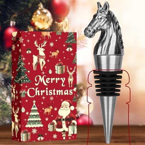 LULLEA Weihnachtsgeschenke Verpackt Pferd Weinflaschenverschluss, Weihnachtsgeschenke Pferde Geschenk für Männer Papa Frauen, Pferdekopf Silber mit Weihnachtsverpackung und Weihnachtskarte
