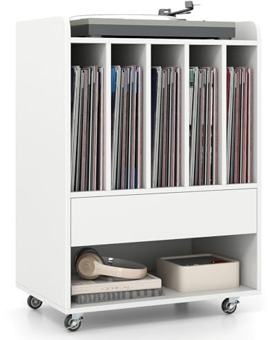 KOMFOTTEU Supporto per Giradischi in Vinile Fino a 180 Album, Mobile Giradischi con Ruote, Mobiletto Portaoggetti con Scomparti Aperti, Cassetto e Ganci per Ufficio, Soggiorno, Studio (Bianco)