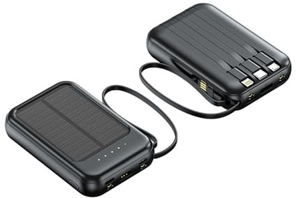 Solar-Ladegerät 20000 Mah Selbständige Quad-Kabel Und Beleuchtung Tragbare Handy-Ladegerät Mit Lanyard (Schwarz)