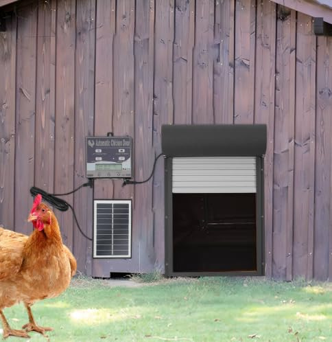 Automatische Hühnerklappe Solar mit LCD Display, Timer und Lichtsensor, Elektrische Hühnerstalltür mit Fernbedienung, Einklemmschutz 4 Modi für Haushalten Bauernhöfen Schwarz