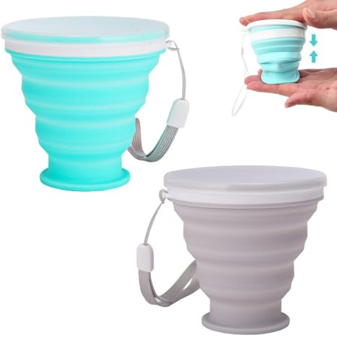 OUDQFCJ 2 Pcs Silikon Faltbare Becher mit Kunststoff Deckel Bpa-Frei FaltbecherWiederverwendbar Faltbarer Becher FüR Outdoor Camping Picknick Wandern Reisen