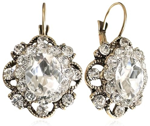 GPASTG Handmade Bohemian Vintage Gold Sparkly Crystal Round Flower Leverback Earrings Cute Rhinestone Geometry Dangle Drop Earring for Women (White)