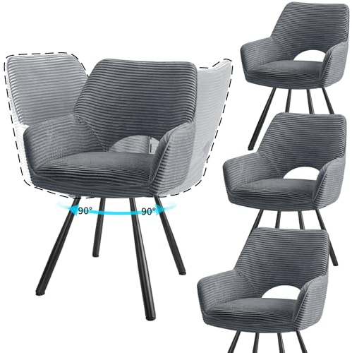JIJIAN 4er Set Esszimmerstuhl Drehbar mit Armlehne, Drehbar 360°, Küchenstuhl, Moderner Polsterstuhl mit Stoffrückenlehne für Küche, Esszimmer, Schlafzimmer, Grau