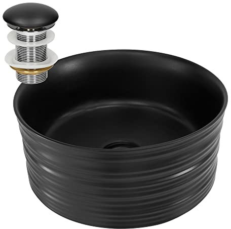 LuxeBath Waschbecken Keramik rund Ø 410 x 180 mm Schwarz matt mit Ablaufgarnitur Schwarz, Aufsatzwaschbecken für Badezimmer/Gäste-WC, Aufsatzbecken Waschtisch Waschschale Waschplatz Handwaschbecken