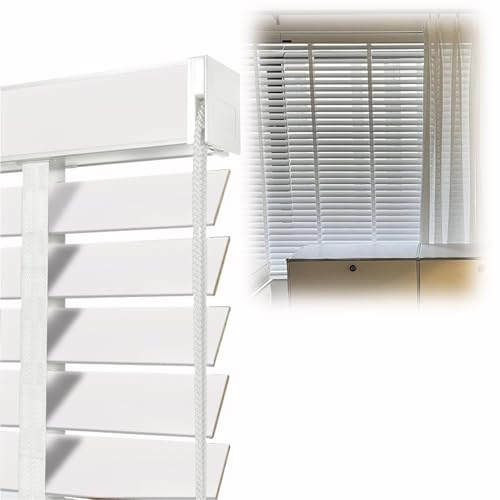 50mm Slats Indoor Wood Venetian Blinds, Wooden Window Shades, Custom Size Wide 45cm 65cm 80cm 90cm 120cm 140cm 155cm 160cm Blackout Privacy Horizontal Blind(White)