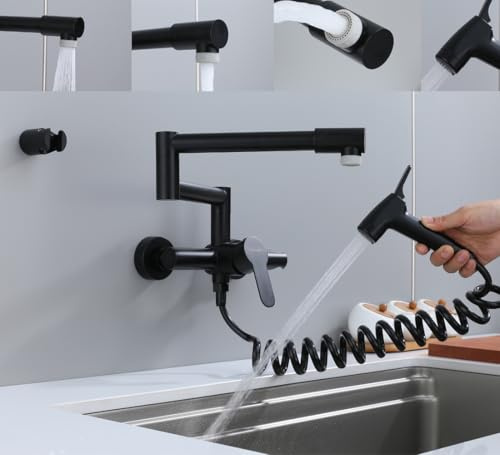 Rubinetto pieghevole da cucina, montaggio a parete, con tubo girevole piegato a 360°, acqua calda e fredda, funzionamento a spruzzo multifunzionale, acciaio inox 304, colore nero