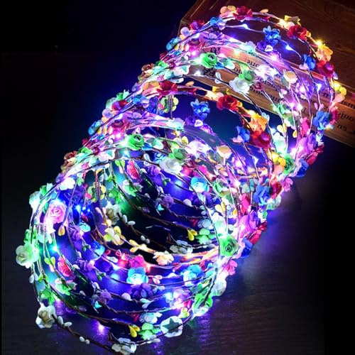 20 diademas de flores con luces LED, corona para el pelo con flores, corona de pelo luminosa, multicolores, corona de flores, diadema, diadema, diadema, diadema, para cumpleaños, bodas, festivales
