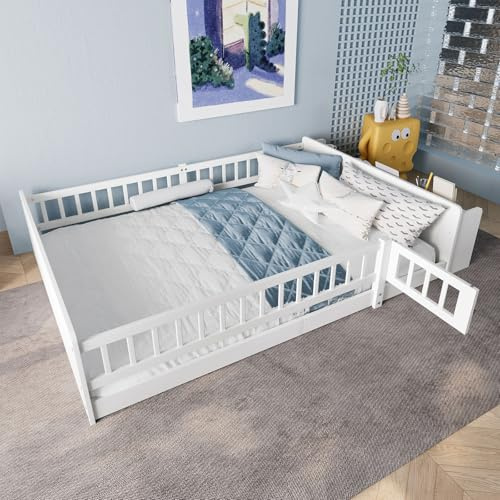 Billg Kinderbett 140 x 200cm, Montessori Bodenbett mit Lattenrost und Rausfallschutz, Offene Regale und Fächer, Kinder Einzelbett/Doppelbett Bettgestell aus Holz, Jugendbett, Weiß, Ohne Matratze