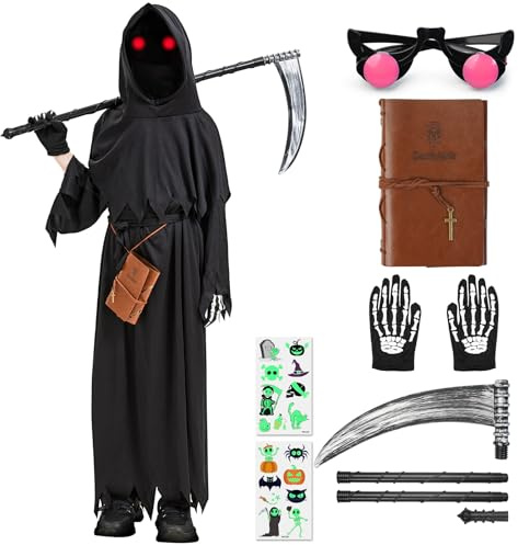 Haozozo Costume Halloween Bambino,Costumi Halloween Bambini Da Mietitore Con Occhiali Luminosi, Taccuino, Falce E Guanti Da Teschio - Costume Morte Bambino