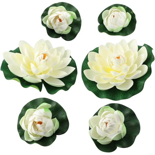 CYRENT 6 Stück künstliche schwimmende Lotusblumen, weißer Lotus mit Blättern, Seerose für Garten, Teich, Pool, Aquarium-Dekoration