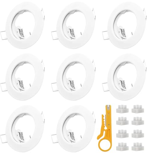 KingYH 8 Pack GU10 White Round Downlight Bezel Trim Ring | Fitting Light Mounting Frame with Lamp Holder Recessed Spotlights for MR16 Ceiling Lights Spotlight