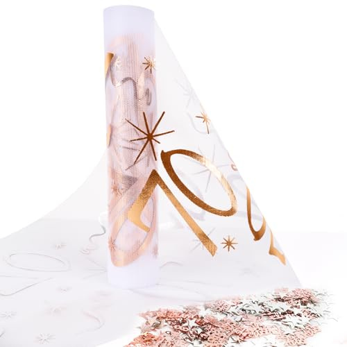 KYOEOE 70. Geburtstag Deko Tischläufer mit Konfetti, 28 cm × 5 m, Rosegold, Polyester, Happy Birthday 70, Zuschneidbar für Frau und Mann, Geburtstagstischdecke
