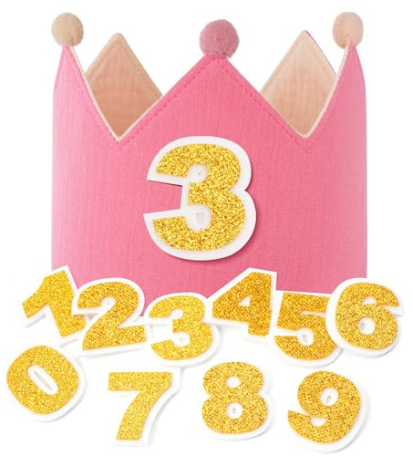 URAQT Cappellini Compleanno Bambini, Corona Compleanno Bambino con Numeri Intercambiabili da 0 a 9, Tessuto Cappello da Festa di Compleanno per Bambini (Rosso rosa)
