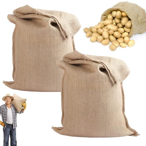 2Pcs Large Hessian Sack, Burlap Bags for Potato, Reusable Woven Storage Bag, Burlap Sack, Natural Jute Fabric Race Bags, Plant Covers Grow Bag for Potatoes Vegetables Gardening Sand Storing, Growing