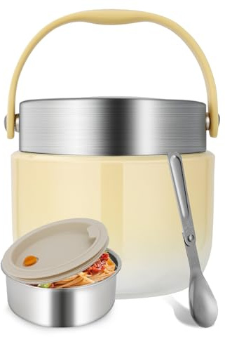 Ezvsevuo Thermobehälter für Essen 1200ml, Thermoschüssel mit Deckel, Thermobecher für Essen mit Faltbaren Löffel aus Edelstahl, Warmhaltebehälter Essen für Schule, Arbeit, Outdoor（Gelb）