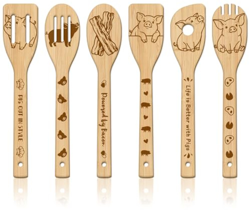 GLOBLELAND Ensemble de 6 cuillère en Bois avec Motif Cochon Mignon Ustensiles de Cuisine Sculptés en Bambou Spatule Gravée en Bois Cadeau Original pour une Pendaison de Crémaillère