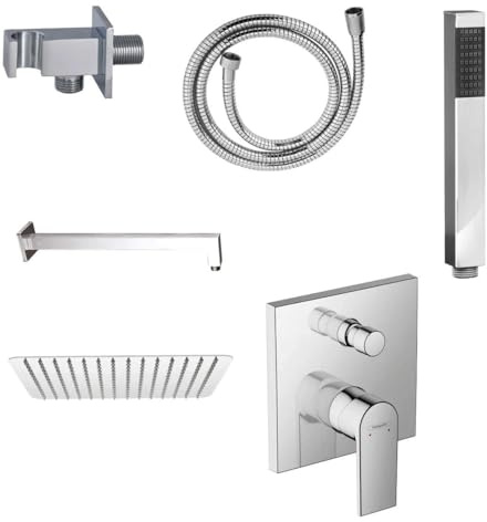 Belvit Hansgrohe Vernis Unterputz Wannenarmatur Set, Chrom | Komplettes Duschset, Regendusche 30x30 cm, Handbrause, Brausearm und Duschschlauch, Ohne iBox